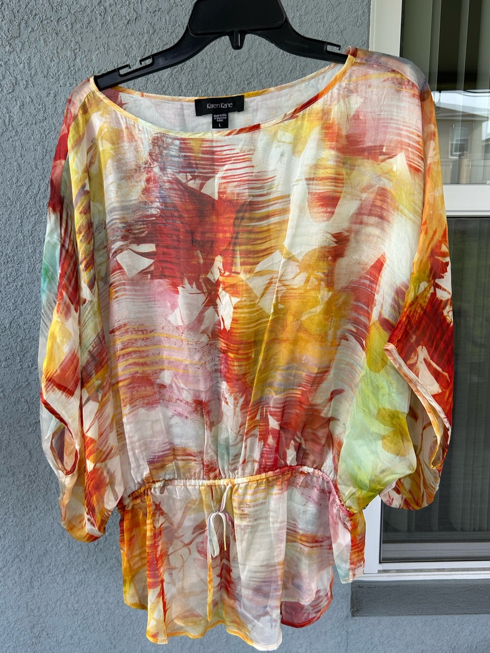 Karen Kane Silk Slightly Sheer Abstract Colorful  Drawstring Waist Top Size L
